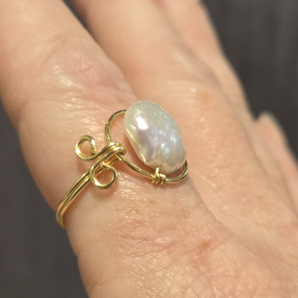 Gold Wire Wrapped Pearl Ring - Picture 2 of 6